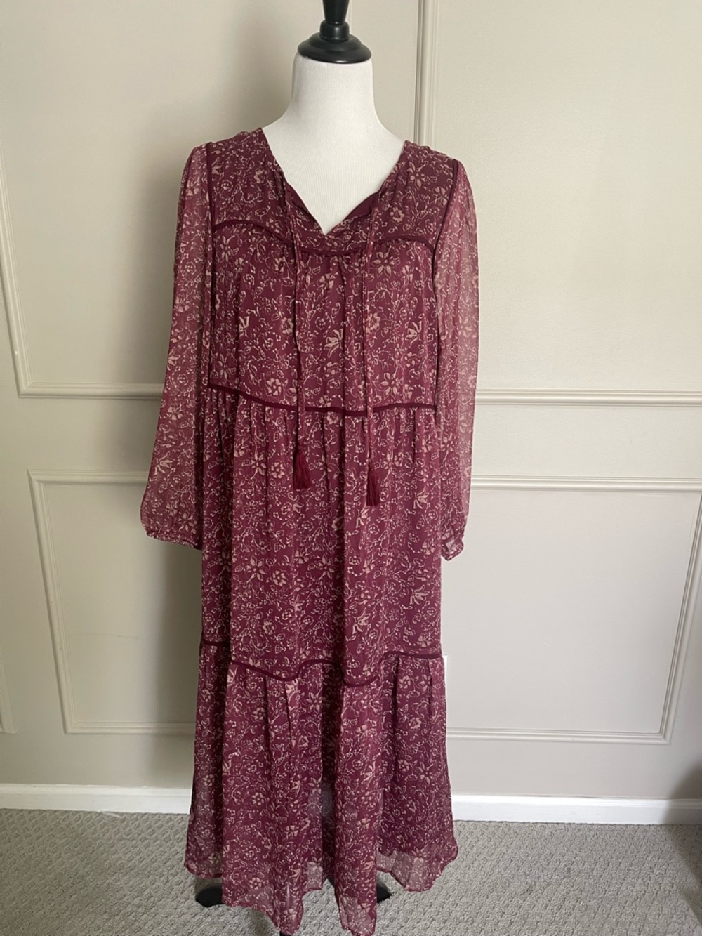 indigo soul Burgundy Floral Tiered Maxi Dress